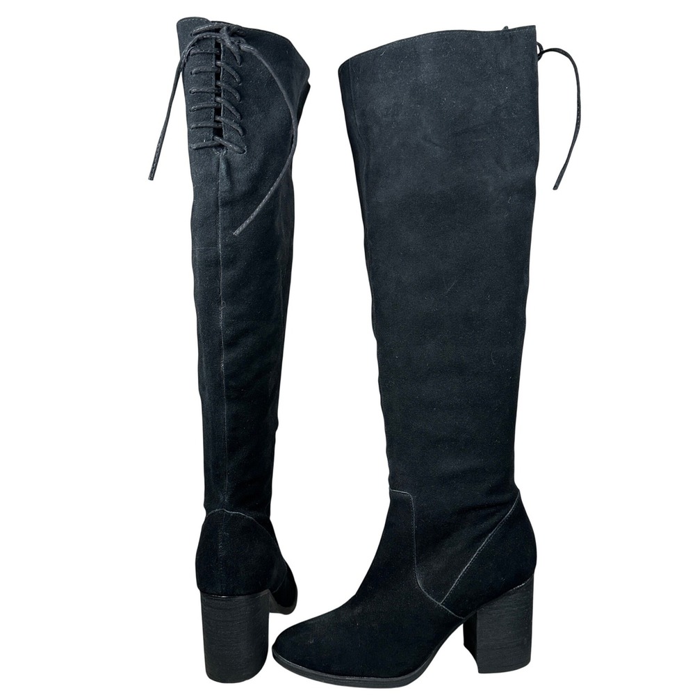 Steve Madden Sharna Black Suede Over The Knee Lace Up Back Block Heel Boots 8.5M